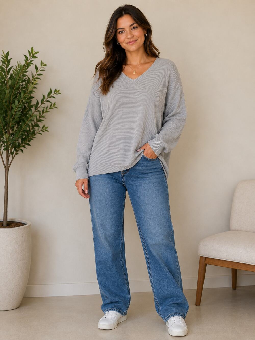 Ella Moss Gray Ribbed Knit V-Neck Long Sleeve Top Size Small